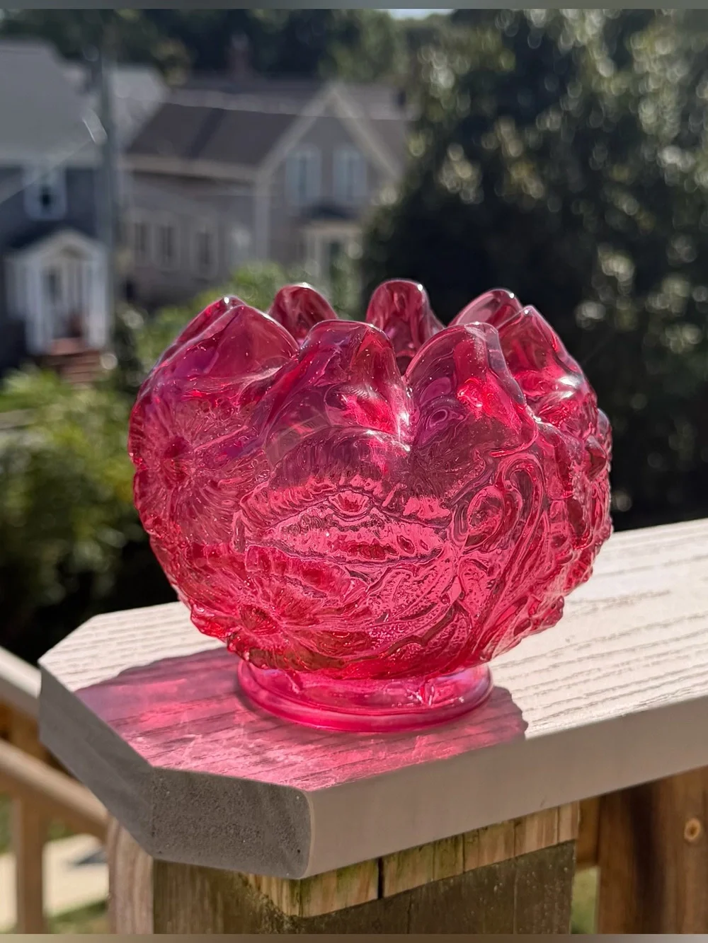 Fenton 1970s Cranberry Rose Poppy Embossed Flowers Crimped Top Rose Bowl Vase